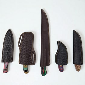 5Pc Hand Made Damascus Steel Knives And Sheaths