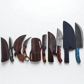 5Pc Hand Made Damascus Steel Knives And Sheaths