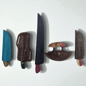 5Pc Hand Made Damascus Steel Knives And Sheathes