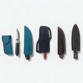 5Pc Hand Made Damascus Steel Knives And Sheathes