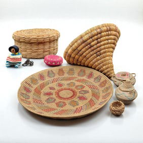 Assorted Lot Of Native American Woven Baskets & Seminole Doll, 8 Pieces