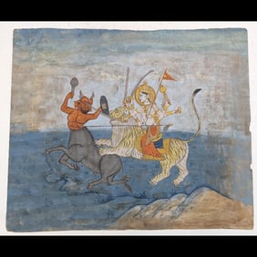 Indian Pahari School Miniature Painting From The Devi Mahatmya Series Of Durga Killing The Demon