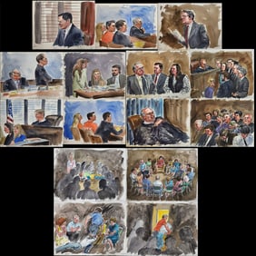 Set Of 15 Watercolor Courtroom Scene & Narrative Paintings By Barbara Maxwell