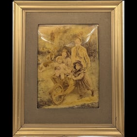 Antique Convex Glass Framed Art On Ivorine?, Depicting Four Children And Dogs