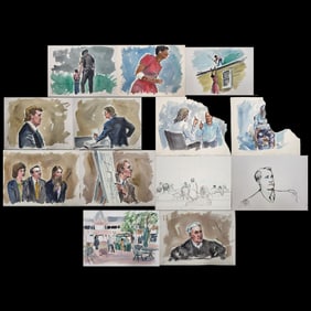 Set Of 13 Watercolor Courtroom, Narrative, & Execution Scene Paintings By Barbara Maxwell