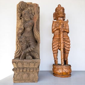Pair Of Southeast Asian Carved Wood Sculptures, South Indian Maha Devi And Thai Teak Wood Yaksha