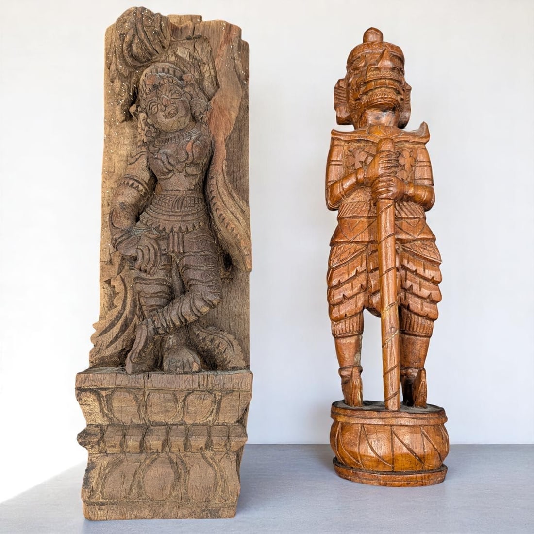 Pair Of Southeast Asian Carved Wood Sculptures, South Indian Maha Devi And Thai Teak Wood Yaksha (1 of 14)