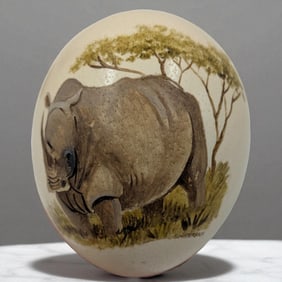 Vintage Hand Painted Ostrich Egg Depicting A Rhinoceros, Signed S, Winterbach