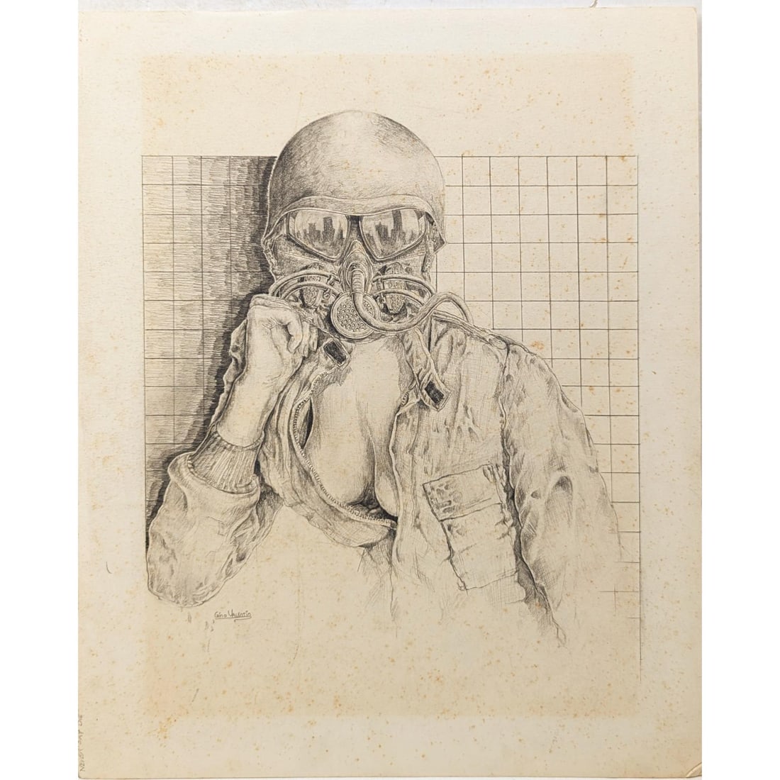 Vintage Pencil Drawing Of A Woman In A Bomber Mask, "Never Say Die", Signed Gino Valentin (1 of 6)