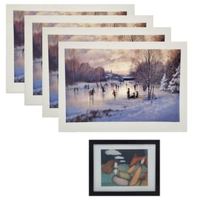 Lot Of 4 Paul Landry Artist Proof Prints Of "Lantern Skaters" & Frank Rakoncay Drawing