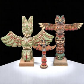 A Trio Of Northwest Coast Wood Carved Totems, Including Ray Williams