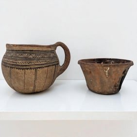 Pair Of Old Pottery Vessels, Handled Jug And Glazed Pot