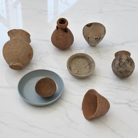 Grouping Of 7 Old Pottery Vessels, Miniature Vases And Bowls