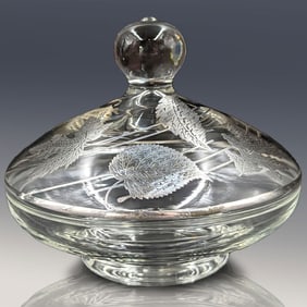 Vintage Lidded Glass Candy Dish With Silver Overlay Leaves
