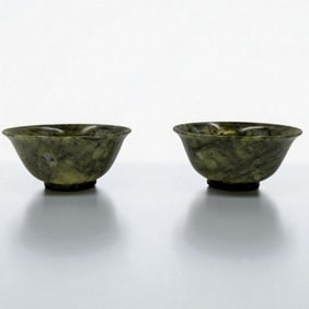 Pair Of Chinese Carved Spinach Jade Bowls In Decorative Box