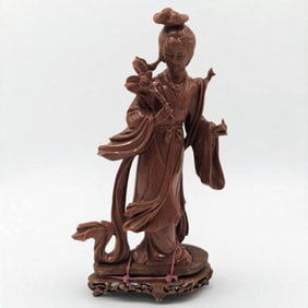 A Fine Chinese Goldstone Geisha Sculpture On Wooden Stand