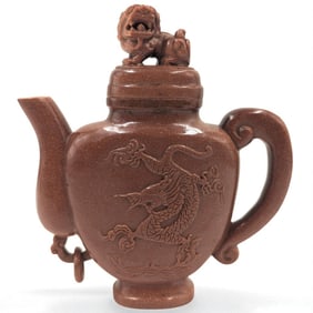 A Very Fine Chinese Goldstone Teapot With Dragons And Foo Dog Lid