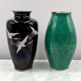 Pair Of Vintage Japanese Enamel / Cloisonne Vases, One Signed Sato