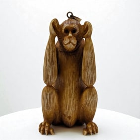 Finely Carved Antique "Hear No Evil" Monkey Pendant With 14K Gold Loop, Possibly Japanese