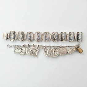 Sterling Silver Siam Bracelet And American History Charm Bracelet 68 Grams Total