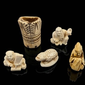 Lot Of 5 Finely Carved Antique Japanese Miniature Figures, Three Signed