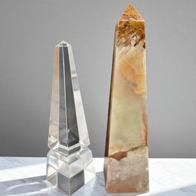 Pair Of Finely Carved Onyx And Glass Obelisks