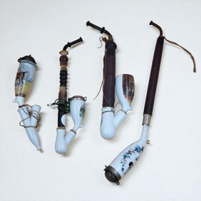 Lot Of Old German Hand Painted Porcelain Pipes, 4 Pieces