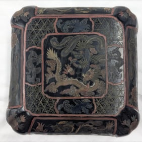 An Old Chinese Black Lacquered Trinket Box Decorated With Dragons, Flora, And Phoenixes