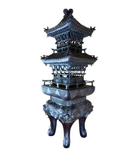 Rarest 18th C Or Older Chinese Bronze Censer Three-Tiered Pagoda Form: Rarest 18th C Or Older Chinese Bronze Censer Three-Tiered Pagoda Form. Formerly in a Southern California Museum. Deaccession year 2024. Measures overall 32" tall and 11" wide. Comes apart in three sec