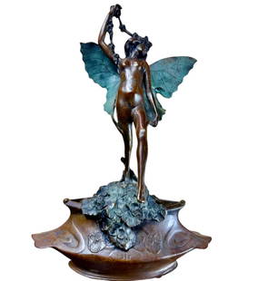 Art Nouveau Figural Nude Bronze of a Winged Nymph, by Charles (Karl) Korschann: An Art Nouveau Figural Nude Bronze of a Winged Nymph, by Korschann Femme Papillion, Charles Korschann (1872-1943), a full figure nude female having outstretched wings perched atop a cascade of clover