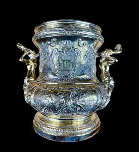 Antique Champagne Ice Bucket Sterling Silver After Meissonnier Hanau, 19th century: ***DUE TO THIS LOT BEING SILVER IT MUST BE PAID VIA BANK WIRE TRANSFER OR CERTIFIED CHECK.*** Antique Champagne Ice Bucket Sterling Silver After Meissonnier Hanau, 19th century. Measure 12" wide and 1