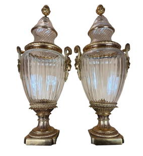 Magnificent And Monumental French Baccarat Crystal Lidded Urns w/ Gilt Bronze Ormolu: Magnificent and monumental French Baccarat crystal lidded urns with gilt ormolu bronze accents. Measures approx. 32" tall and 13" wide. Excellent condition. Please READ & REVIEW our Terms and Conditio