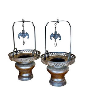 A Fine Pair Of Antique Chinese Bronze Censers, Qing Dynasty: Pair of Chinese Antique bronze hanging censers with bat form hooks. Measure 20" tall overall. Excellent condition circa 1850. Museum deacession pair. Please READ & REVIEW our Terms and Conditions befo