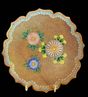 Rarest Imperial foliated form fine gold wire cloisonné signed Namikawa Yasayuki: Rarest Imperial foliated form fine gold wire cloisonné signed Namikawa Yasayuki, imperial maker to Emperor Meiji circa 1880. Signed in silver cartouche to underside with original paper labels. Rare o