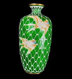 Rarest Form Meiji Period Ginbari Enamel Vase With Birds Meiji Period: Rarest form and technical design. Meiji period Japanese Ginbari foil bodied with enameled netting, wireless bird design cloisonné vase in perfect condition. Measure 5" tall. Perfect condition. Please
