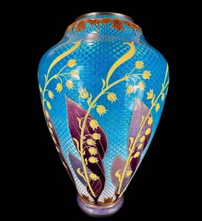 A Fine French Silver & Enamel Vase Japanese Influence Ginbari Foil Technique, Circa 1900: ***DUE TO THIS LOT BEING SILVER IT MUST BE PAID VIA BANK WIRE TRANSFER OR CERTIFIED CHECK.*** French sterling silver and enameled foil bodied vase. Spectacular interwoven pattern of floral and leaves,