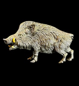 Russian or Austrian Silver Wild Boar With Inlaid Crystal Eyes And Bone Tusks