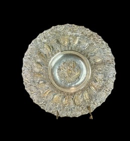 Large Footed Gold Washed Solid .900 Silver With Fruit And Grape Leaves Design, 1700 Grams