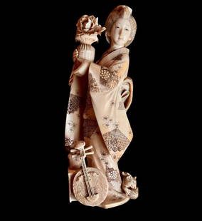Antique Meiji Period Carved Okimono Ca 1900 Signed: ***PLEASE BE AWARE THAT THIS ITEM IS LOCATED IN MISSOURI AND CANNOT BE SHIPPED OUTSIDE OF THE STATE, PICK UP ONLY*** Japanese Meiji carved okimono 11" tall, depicts maiden holding flowers with musical