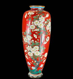A Fine Japanese Meiji Period Cloisonne Vase, ca 1890: Japanese Meiji period 12.5" tall cloisonné vase with red ground decorated with branches and prunus blossoms. Circa 1890. Excellent condition. Please READ & REVIEW our Terms and Conditions before bidd