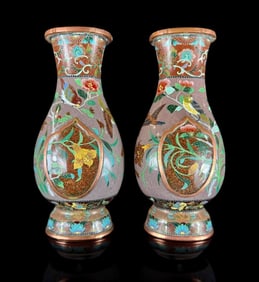 Pair Of Unusual Form Japanese Cloisonne Vases Ca 1900 Moriage Design