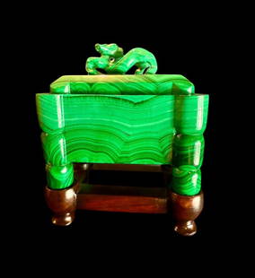 Antique Chinese solid carved malachite lidded vessel fang form with dragon: Antique Chinese solid carved malachite lidded vessel fang form with dragon top and side handles on rosewood stand. Ex Ashkenazie collection. Measures 6" tall and 5.5" wide. Excellent condition. Please