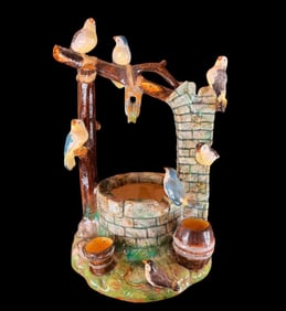 Antique French Majolica Bird Wishing Well Flower Holder Cache Pot, Jerome Massier, Circa 1880