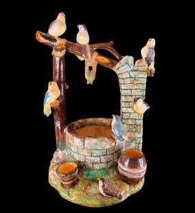 Antique French Majolica Bird Wishing Well Flower Holder Cache Pot, Jerome Massier, Circa 1880: Antique French Majolica Bird Wishing Well Flower Holder Cache Pot Jerome Massier circa 1880. Measure 19" tall and 12" wide. Signed underside with impressed mark. Excellent condition. Please READ & REV