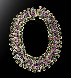 Signed & Marked Matilde Poulat Sterling Silver, Turquoise, And Amethyst Necklace: ***DUE TO THIS LOT BEING JEWELRY / SILVER IT MUST BE PAID VIA BANK WIRE TRANSFER OR CERTIFIED CHECK*** Matilde Poulat Sterling Silver, Turquoise, And Amethyst Necklace, 150 grams and 18&rdquo; long. S