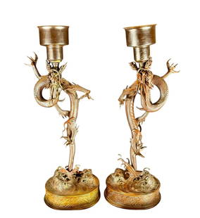 Meiji Era Pair Of Japanese Bronze Dragon Candlesticks, Circa 1880: Japanese Meiji era circa 1880 pair of bronze dragon candlesticks. Formerly museum collection Southern California. 18” tall. Please READ & REVIEW our Terms and Conditions before bidding, payment,