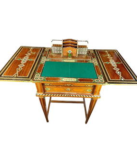 Rare Inlaid 19th Century Syrian Damascus Metamorphic Writing Desk, Circa 1880, Signed: Rare 19th century Syrian Damascus metamorphic writing desk circa 1880, with automatic mechanism and profusely inlaid and signed. Excellent condition with a few minor inlays missing. 42” wide whe
