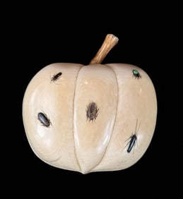 Antique Carved Fruit With Inlaid Shibayama Insects And Semi Precious Materials, Meiji Pd. Signed