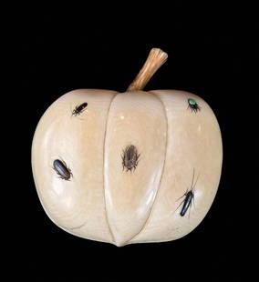 Antique Carved Fruit With Inlaid Shibayama Insects And Semi Precious Materials, Meiji Pd. Signed: Japanese amazingly realistic carved bone in the shape of a fruit with inlaid shibayama insects carved from semiprecious materials like mother of pearl and others. Artist signed and dating from the Mei