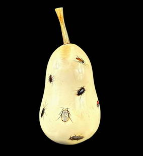 Antique Carved Fruit With Inlaid Shibayama Insects And Semi Precious Materials, Meiji Pd. Signed: Japanese amazingly realistic carved bone in the shape of a fruit with inlaid shibayama insects carved from semiprecious materials like mother of pearl and others. Artist signed and dating from the